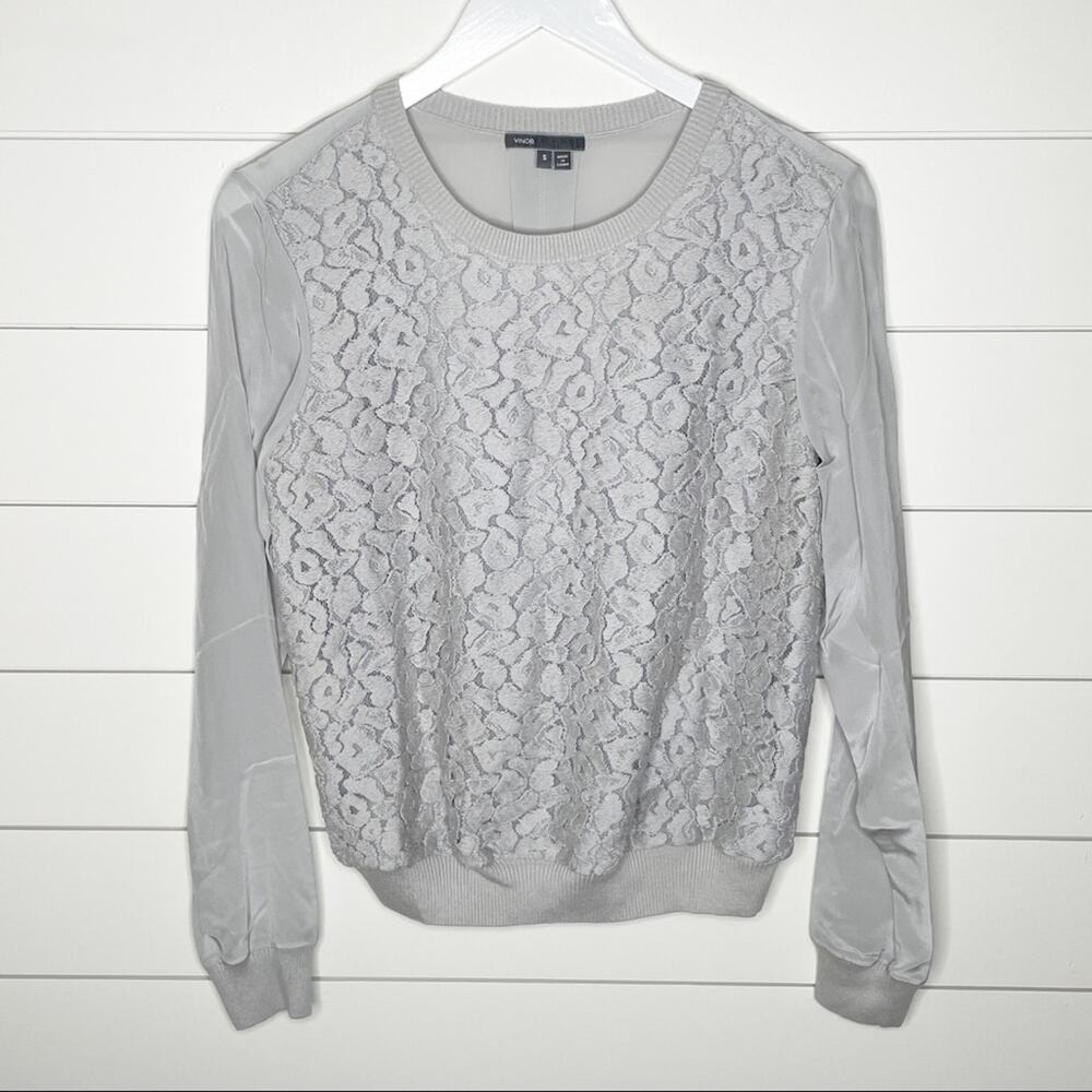 Vince Embroidered Leopard Silk Sweater Nickel Grey Size Small